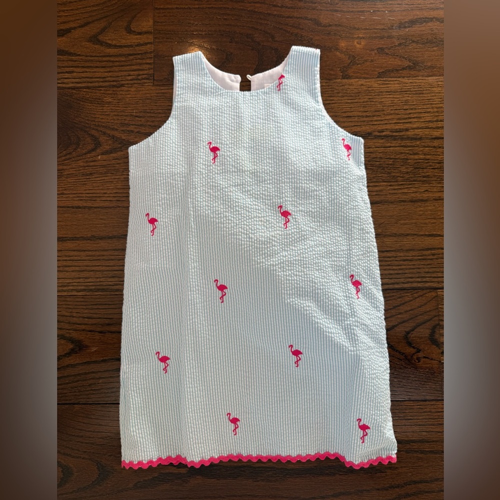 Piping Prints Girls White Seersucker Dress with Pink Flamingo - NWOT